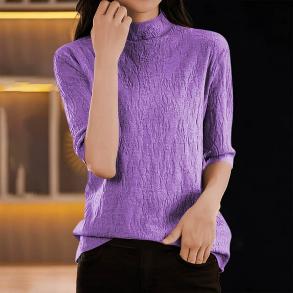 Fanxing Half Sleeve Pullover Sweater for Women Lightweight Smock Neck Texture Knit Tops Trendy Casual Dressy Tunic Jumper Purple S