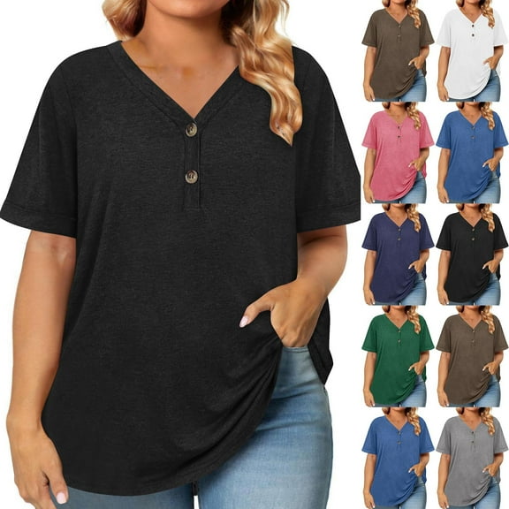 Fanxing Hide Belly Tops For Women 3/4 Sleeve Black Buttons V Neck Dressy Blouses Short Sleeve Tshirts