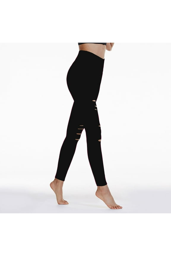 High Waist Leggings for Women Cutout Ripped Tummy Control Workout Yoga Pants Strethy Skinny Running Tight Black L