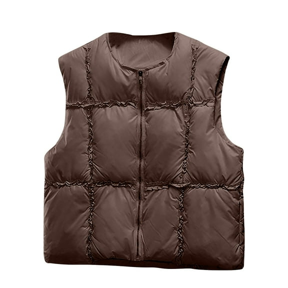 Fanxing Holdretain Puffer Vest Women Sleeveless Zip Up Outerwear, Cozy Lightweight Quilted Cropped Jackets Coffee 2XL