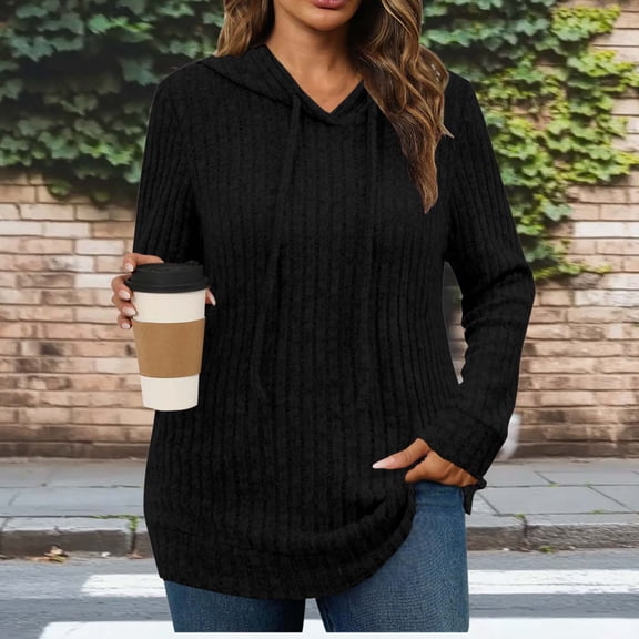 Fanxing Hoodies for Women Ribbed Knit Tunic Sweaters Casual Loose Long Sleeve Fall Winter Cozy Pullover Tops Black M