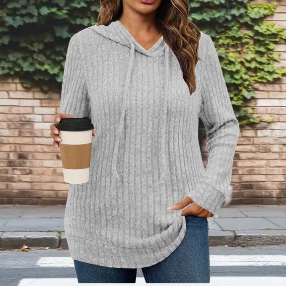 Fanxing Hoodies for Women Ribbed Knit Tunic Sweaters Casual Loose Long Sleeve Fall Winter Cozy Pullover Tops Gray M
