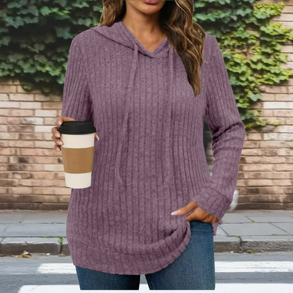 Fanxing Hoodies for Women Ribbed Knit Tunic Sweaters Casual Loose Long Sleeve Fall Winter Cozy Pullover Tops Purple L