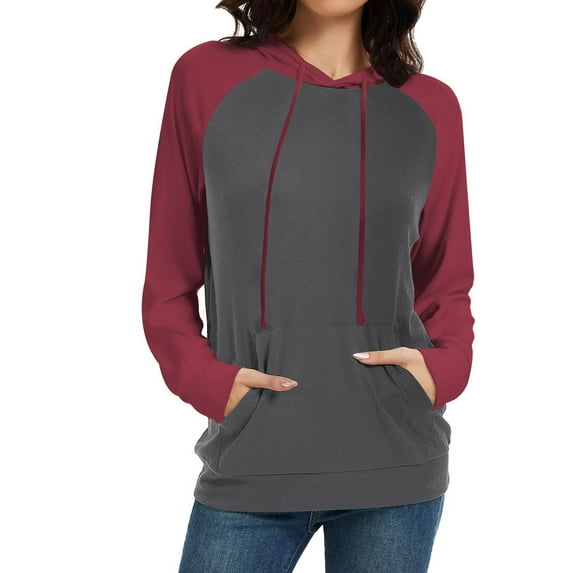 Fanxing Hoodies for Women Trendy Color Block Tunic Hooded Sweatshirts Casual Drawstring Raglan Loose Fit Pullover Tops with Pocket Red XL