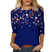 Fanxing Independence Day 3/4 Sleeve Cute Shirts for Women USA Flag Patriotic T Shirt 4th of July Summer Tops Memorial Day Distressed Blouse Western Graphic Tees Womens Gifts Under 25$ Blue,XXL