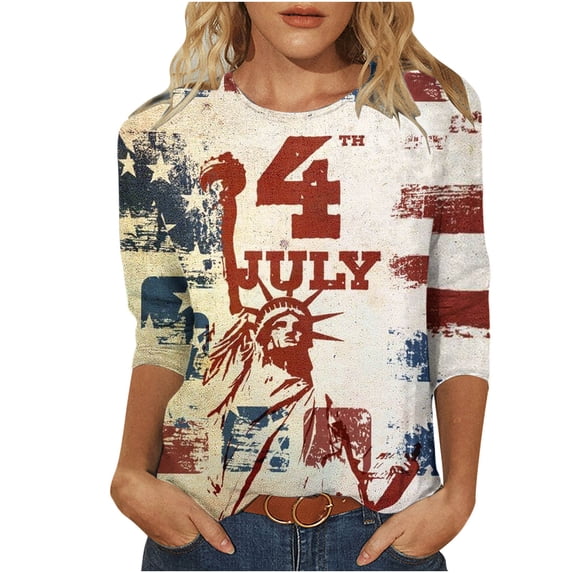 Fanxing Independence Day Tshirts for Women 3/4 Sleeve Bleached T Shirts Vintage Distressed Tops USA Flag Patriotic American Flag Tops My Orders Placed Recently By Me White,XL