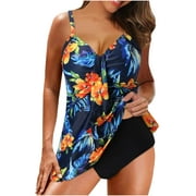 Fanxing July 4th Clearance Floral Swimsuit for Women Sleeveless Tankini Tunic Tank Top with Short Summer Beach Wear Bathing SuitsBlue XXL
