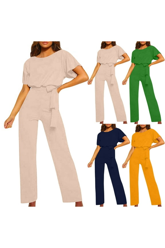 Jumpsuits for Women Casual Loose Batwing Sleeve Crewneck Rompers Belted Long Pants Wide Legs Overalls