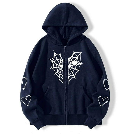 Fanxing Juniors Women Hoodies Sweatshirt Long Sleeve Zip Up Halloween Spider Net Print Casual Y2k Hooded Jacket with Pocket 2025 Clearance Navy,M