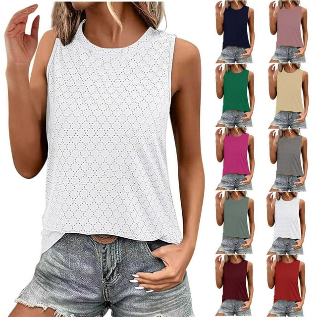 Fanxing Keyhole Tank Tops for Women Sleeveless Tanks Summer Solid Color Cutout Camisole Crew Neck Casual Tees Shirts