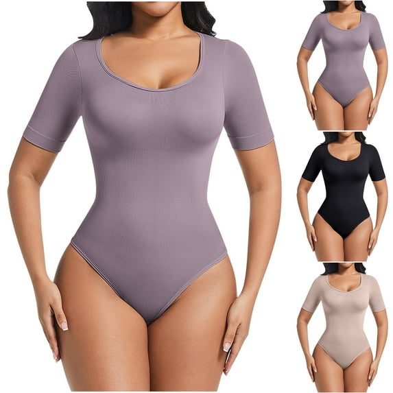 Fanxing Khaki Short Sleeve Body Suits for Women Thong Shapewear Bodysuit Tummy Control V Neck Shirt Going Out Tops XX-Large