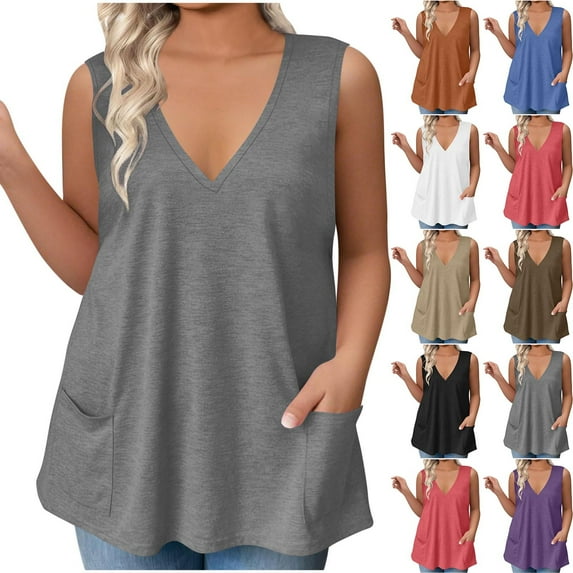 Fanxing Khaki Women's Plus Size Tank Tops with Pocket L Loose Fitting Casual Summer Pleated Flowy Sleeveless Camisole Tank Tops ( Women's Plus L-5XL)