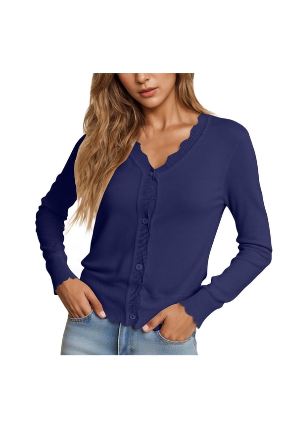 Knit Cardigan for Women Casual Dressy V Neck Button Down Cropped Shrug Sweater Lightweight Thin Fall Outwear Dark Blue L