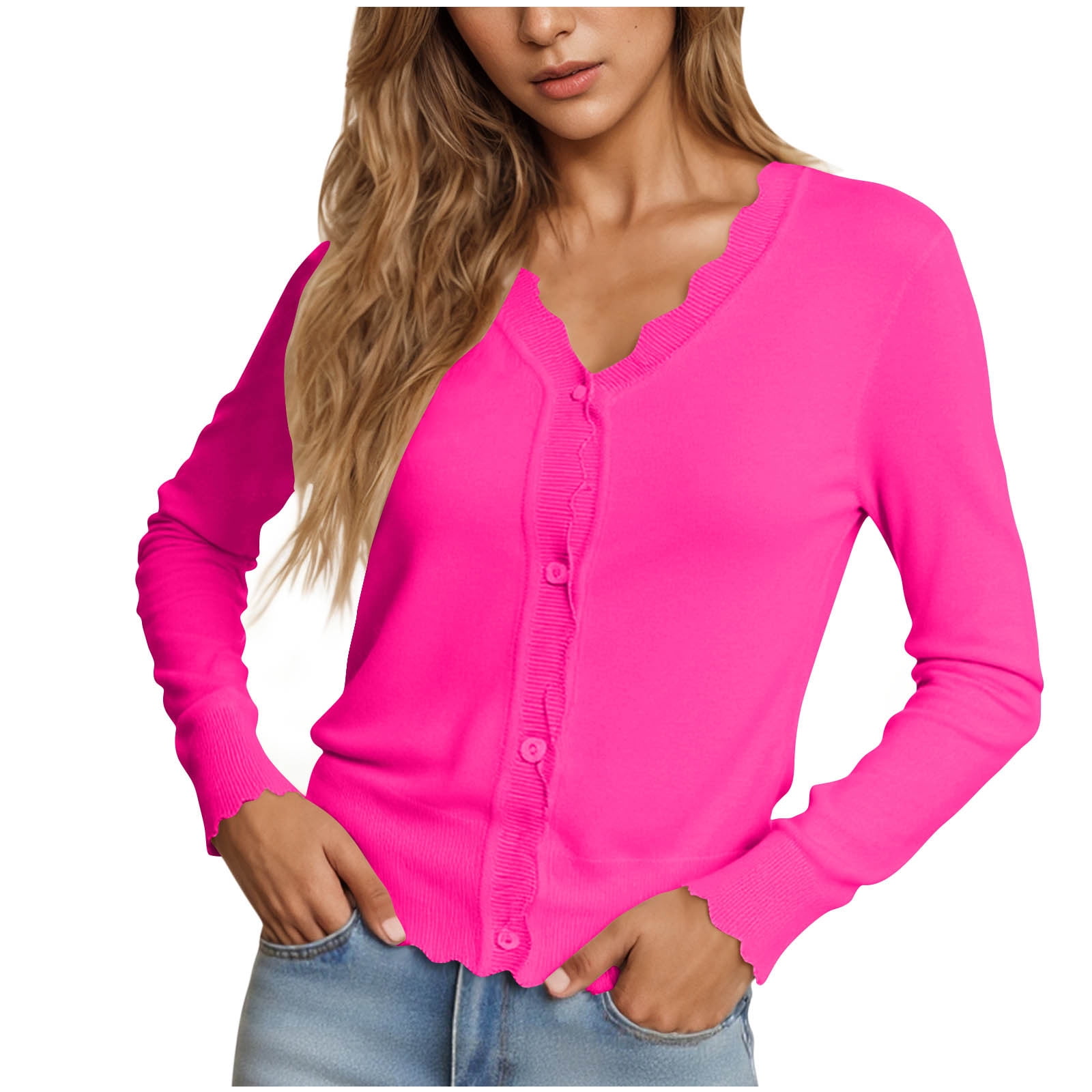 Knit Cardigan for Women Casual Dressy V Neck Button Down Cropped Shrug Sweater Lightweight Thin Fall Outwear Hot Pink 2XL