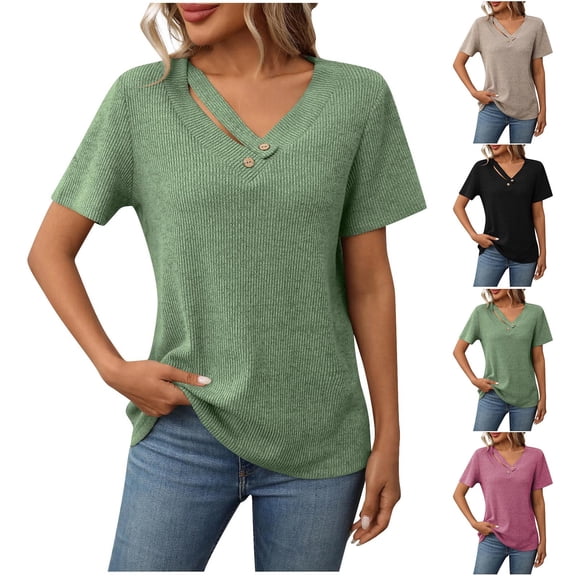 Fanxing Knitted T Shirts for Women Short Sleeve Summer Tops Stretchy Button V Neck Dressy Blouses Hot Pink,XL