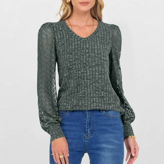 Fanxing Lace Sleeve Pullover Sweater for Women Dressy Casual V Neck Ribbed Knit Tops Crochet Puff Long Sleeve Tunic Blouses Army Green XL