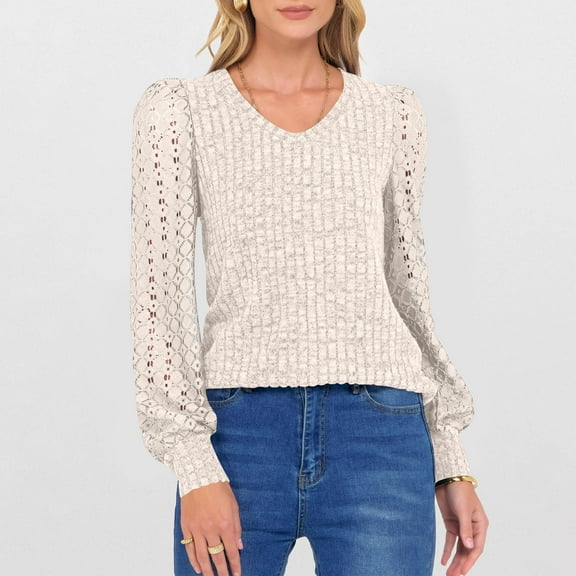 Fanxing Lace Sleeve Pullover Sweater for Women Dressy Casual V Neck Ribbed Knit Tops Crochet Puff Long Sleeve Tunic Blouses Beige M