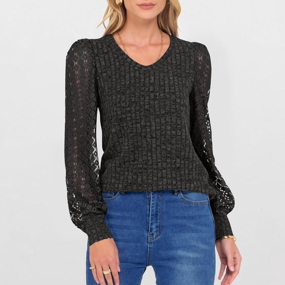 Fanxing Lace Sleeve Pullover Sweater for Women Dressy Casual V Neck Ribbed Knit Tops Crochet Puff Long Sleeve Tunic Blouses Dark Gray XL