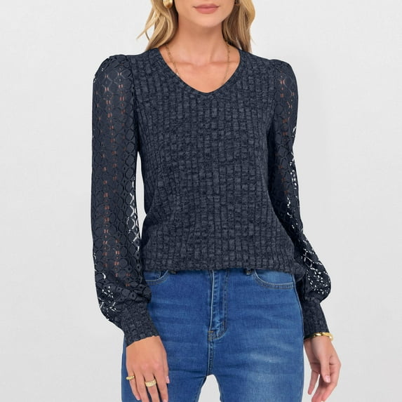 Fanxing Lace Sleeve Pullover Sweater for Women Dressy Casual V Neck Ribbed Knit Tops Crochet Puff Long Sleeve Tunic Blouses Navy 2XL
