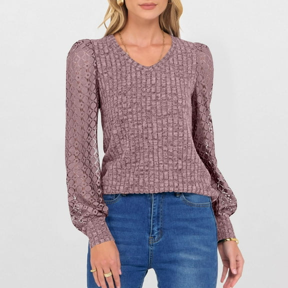 Fanxing Lace Sleeve Pullover Sweater for Women Dressy Casual V Neck Ribbed Knit Tops Crochet Puff Long Sleeve Tunic Blouses Pink M