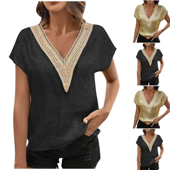 Fanxing Lace Trim V Neck Tshirts for Women 2025 Short Sleeve T Shirts Loose Fitting Summer Tops Black,M