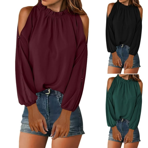 Fanxing Ladies Cold Shoulder Tops Trendy Ruffled Long Sleeve Shirts Loose Fit Tunic Blouses Solid Color Tunic Tees Shirt Wine,L