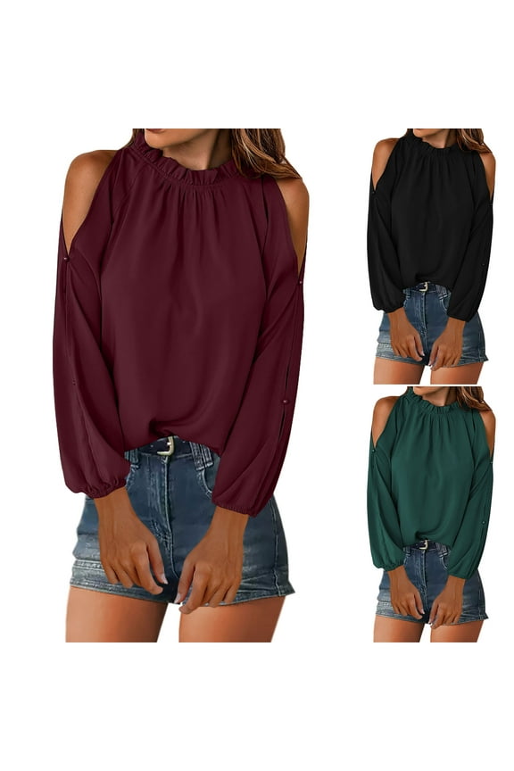 Ladies Cold Shoulder Tops Trendy Ruffled Long Sleeve Shirts Loose Fit Tunic Blouses Solid Color Tunic Tees Shirt Wine,S