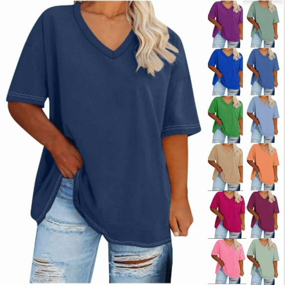 Fanxing Ladies Plus Size Tops 4xl Navy Oversized V Neck Short Sleeve Summer T-shirt (Women's Plus S-5XL)