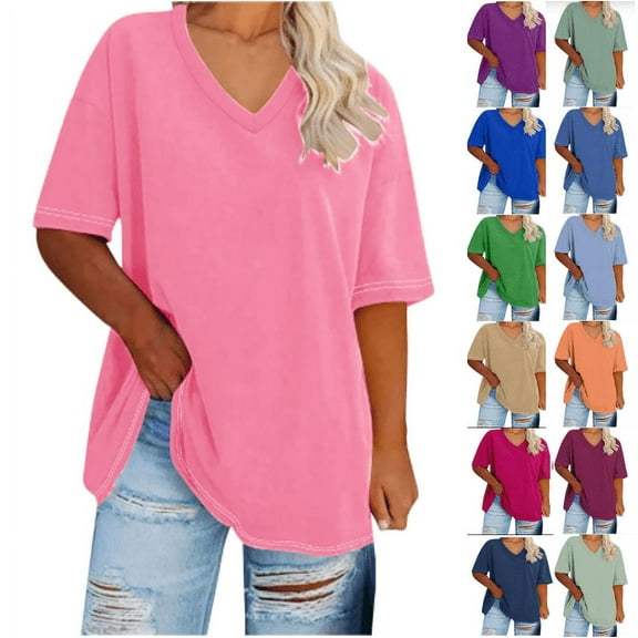 Fanxing Ladies Plus Size Tshirts 4xl Pink Oversized V Neck Short Sleeve Summer T-shirt （Women's Plus S-5XL）