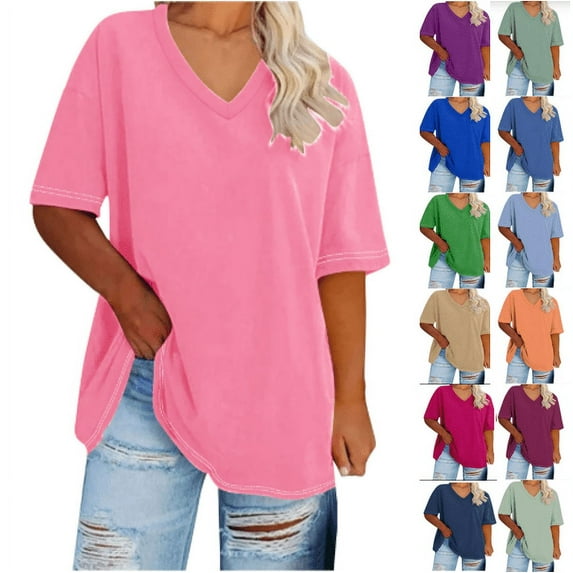 Fanxing Ladies Plus Size Tunics 5xl Pink Oversized V Neck Short Sleeve Summer T-shirt (Women's Plus S-5XL)
