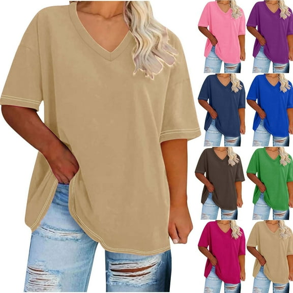 Fanxing Ladies Plus Size Tunics Brown Oversized V Neck Short Sleeve Summer T-shirt for Women Pink,XL