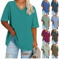 thumbnail image 1 of Fanxing Ladies Plus Size Tunics L Light Blue Oversized V Neck Short Sleeve Summer T-shirt for Women, 1 of 5