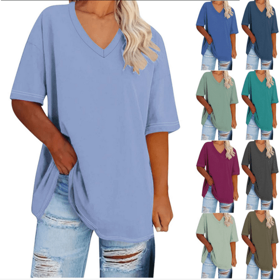 Fanxing Ladies Plus Size Tunics M Sky Blue Oversized V Neck Short Sleeve Summer T-shirt for Women