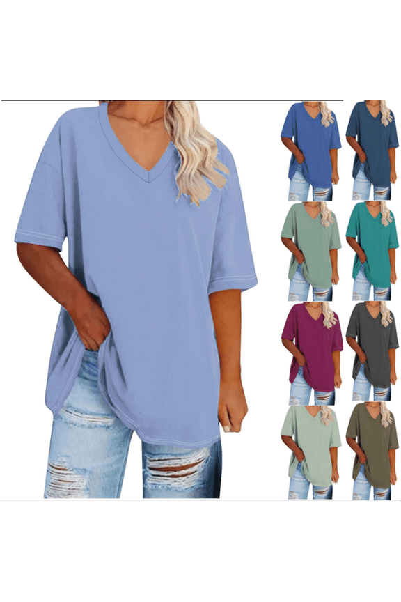 Ladies Plus Size Tunics M Sky Blue Oversized V Neck Short Sleeve Summer T-shirt for Women