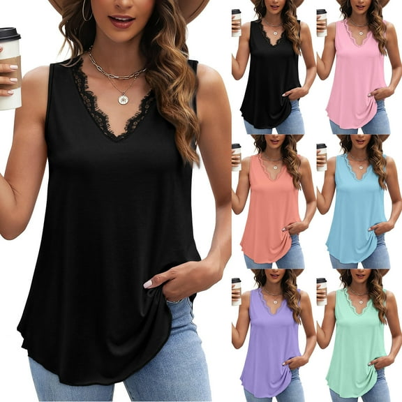 Fanxing Ladies Tank Tops for Women Sleeveless Tunic T Shirts Summer Lace V Neck Camisoles Light Blue,M