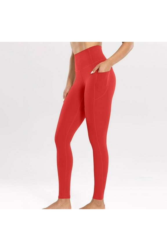Leggings with Side Pocket High Rise Tummy Control Workout Bottom Stretch Butt Lifting Impact Yoga Pants Red XL