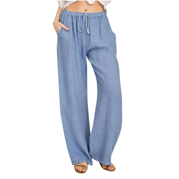 Fanxing Light Blue Summer Chambray Pants 4XL Women Cotton Linen Casual Pant Baggy Palazzo Pants Straight Leg Cropped Pant Loose Fit Lounge Trousers