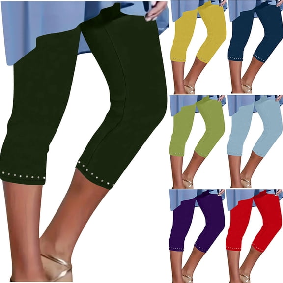 Fanxing Light Blue Womens Capri Leggings with Rhinestone Summer Stretchy Capris Ladies Cropped Yoga Pants High Waisted Solid Color Tights XL