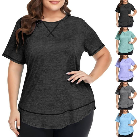 Fanxing Light Blue Womens Plus Size T Shirts Curvy Hem Short Sleeve Summer Tops XL Workout Sport Casual Basic Tees ( Women's Plus L-5XL)