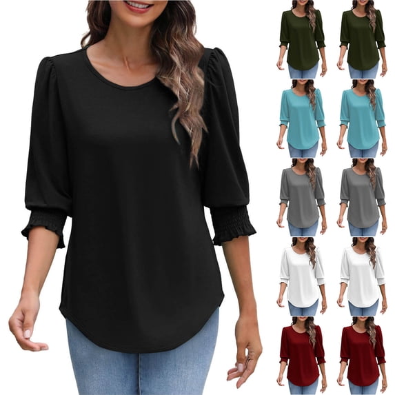 Fanxing Womens 3/4 Sleeve Shirts Smocked Cuffs Crew Neck Tunic Blouses Elegant Summer Tops with Curved Light Blue,XXL