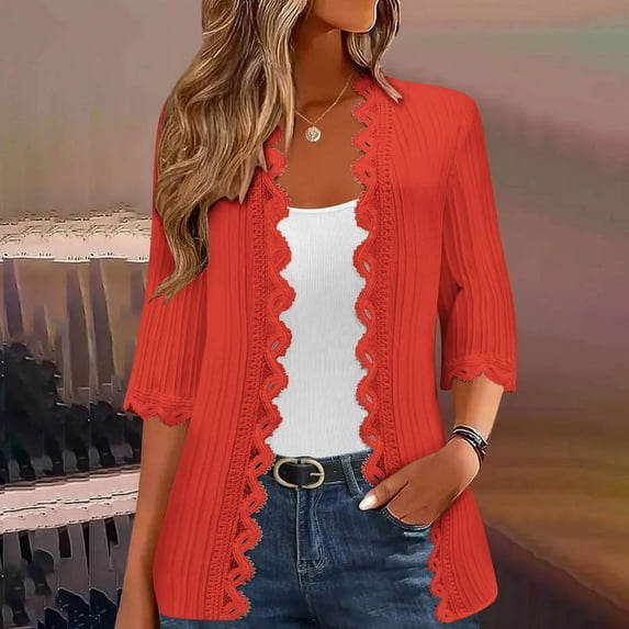 Fanxing Lightweight Cardigans for Women 3/4 Sleeve Open Front Shrug Dressy Lace Trim Blouse Tops Red L