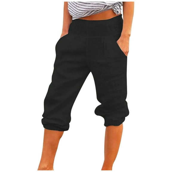 Fanxing Linen Capris for Women Stretchy Baggy Tapered Cropped Pants Lightweight Elastic Waist Summer Beach Trousers