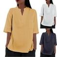 thumbnail image 1 of Fanxing Linen Cotton Shirts for Women Plus Size Tops Gauze Linen V Collar Henley Blouses Oversized Summer Elbow Sleeve Workout Tops S-2XL, 1 of 5