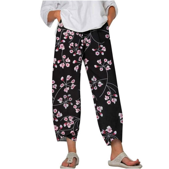 Fanxing Linen Pants for Women 2024 Floral Printed Cropped Pants Summer High Waisted Cotton Linen Palazzo Pants Wide Leg Long Lounge Pant Trousers XS,S,M,L,XL