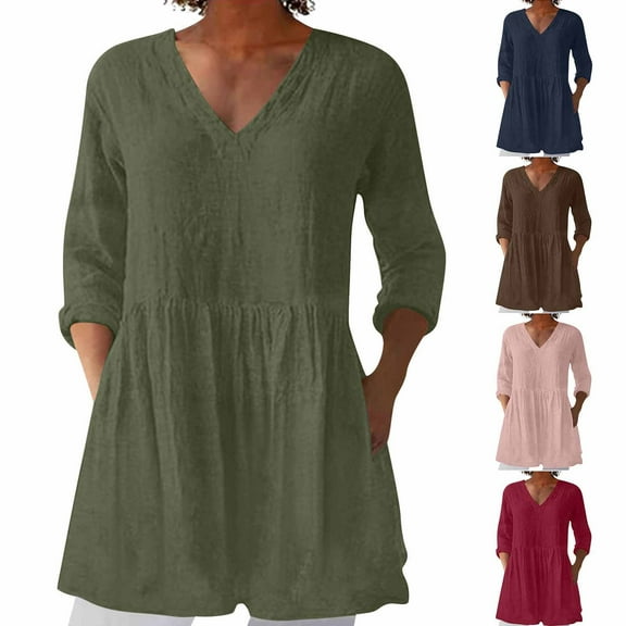 Fanxing Linen Shirt Women V Neck Long Tunics to Wear with Leggings Jeans Breathable Comfort 3/4 Sleeve Blouses S-2XL