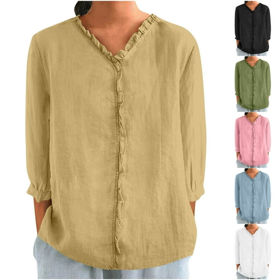Fanxing Linen Shirts for Women 2025 Trendy Summer Retro Embroidered 3/4 Sleeve Tops Dressy Casual Loose Boho Cute Blouses S-2XL