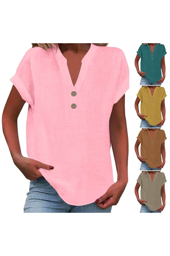 Linen Shirts for Women Plus Size Cotton Linen Button Down Henley Shirt Lightweight Casual Office Work Tops S-5XL