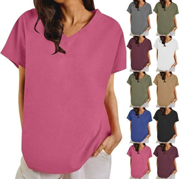 Fanxing Linen Shirts for Women Solid Color Basic 3/4 Sleeve Tops Summer Casual Round Neck Pullover Blouse Ladies Tunic Tshirt S-2XL
