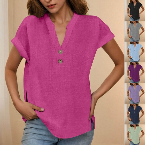 Fanxing Linen Shirts for Women Summer Tshirts Lightweight Short Sleeve Tunic Cute Collared Tops Business Work Casual Blouses Green,S