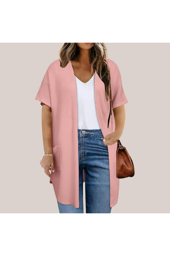 Long Cardigans Sweater for Women Plus Size Short Sleeve Open Front Waffle Knitted Shrug Casual Fall Fashion Jacket Pink XL